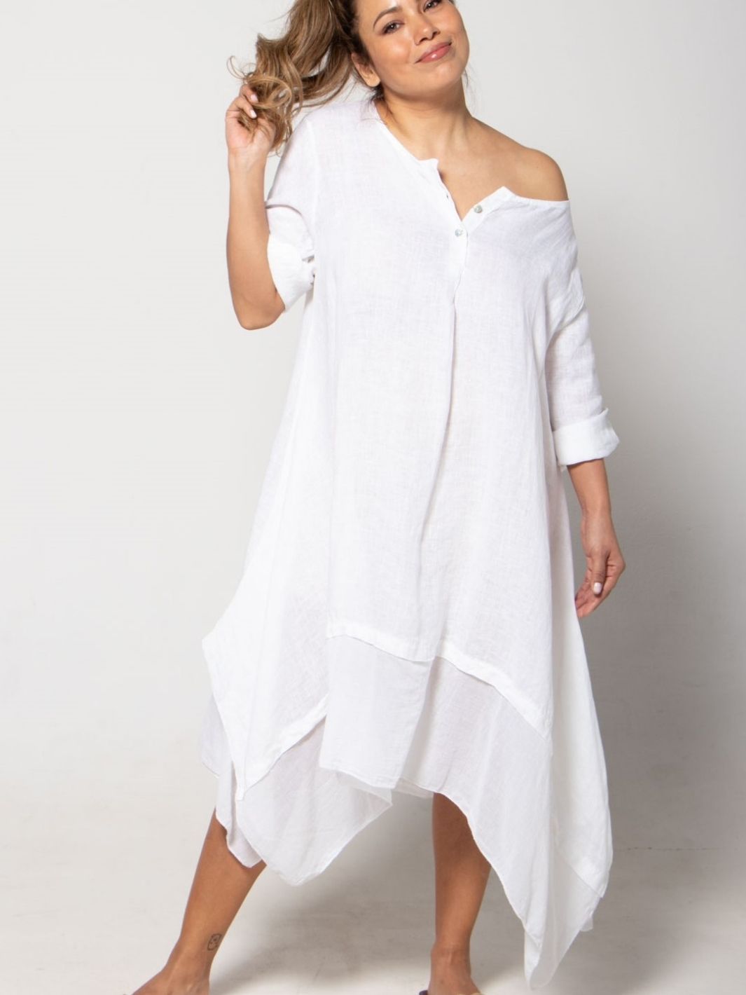 Buttoned Linen Dress With Sleeves - Olive