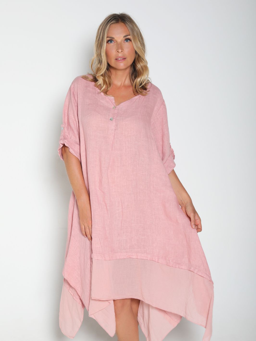 Buttoned Linen Dress With Sleeves - Pink