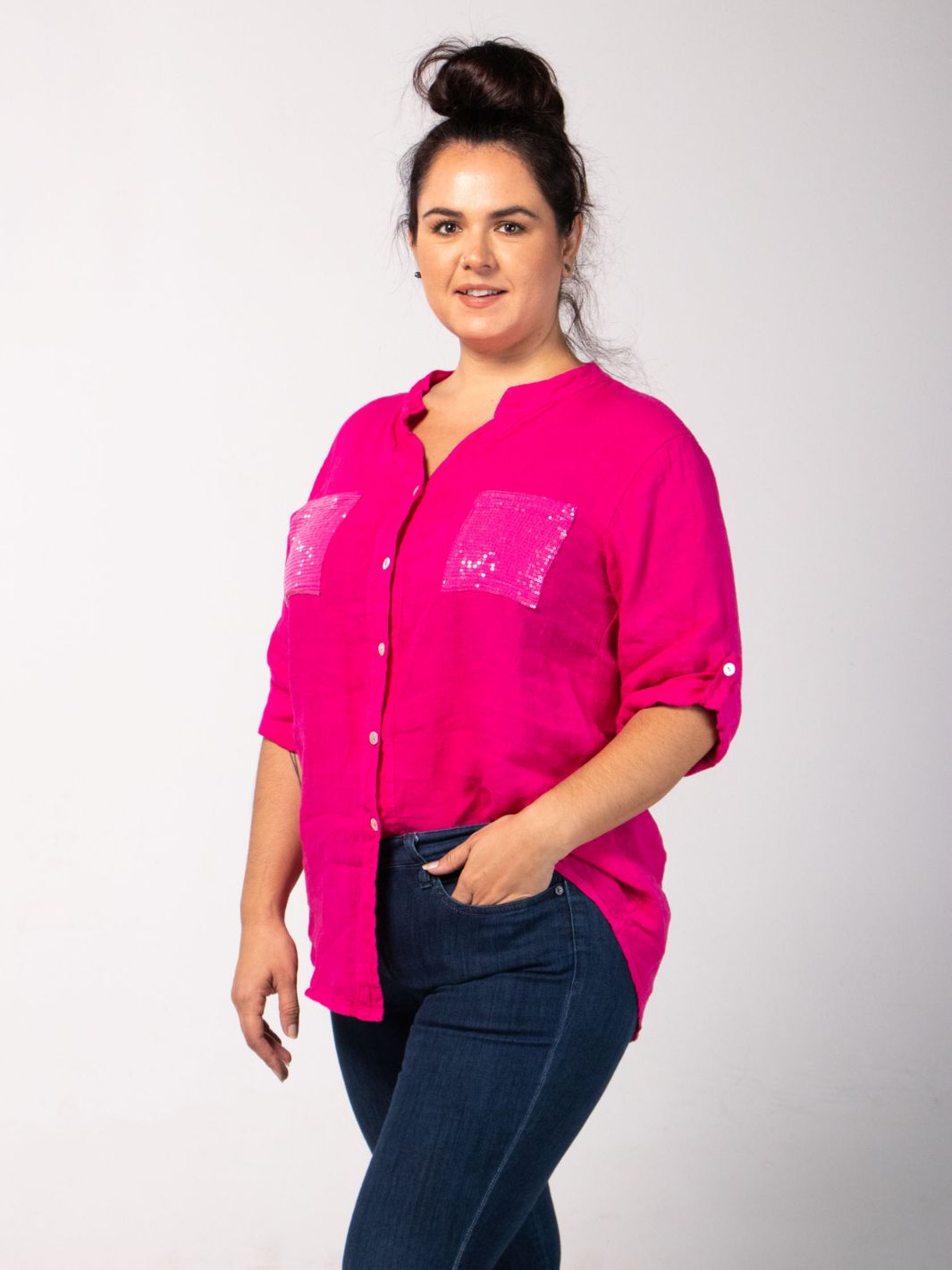 Short Sleeved Blouse with Floral Cut-Out - Magenta