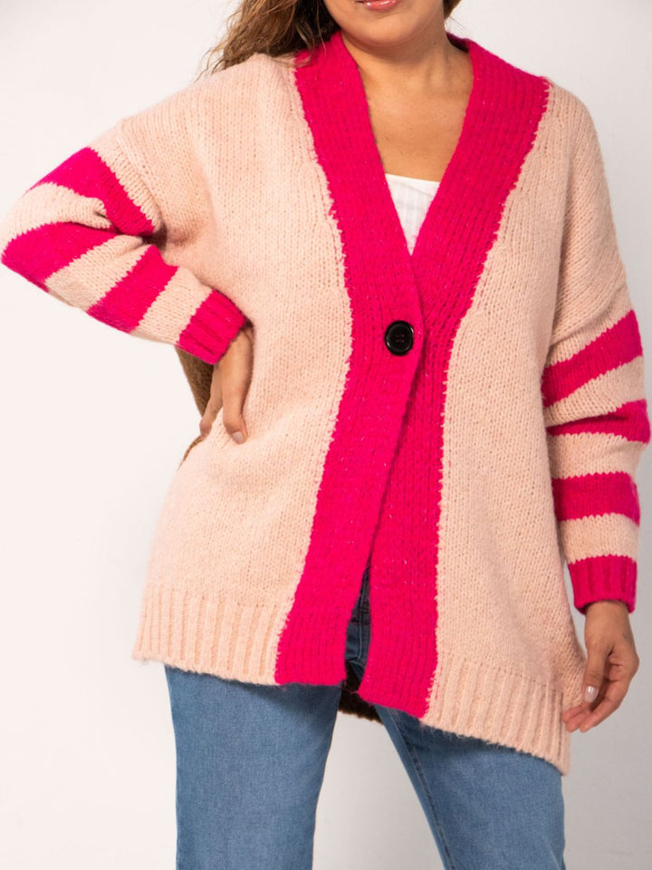 Striped Color-block Cardigan - Pink