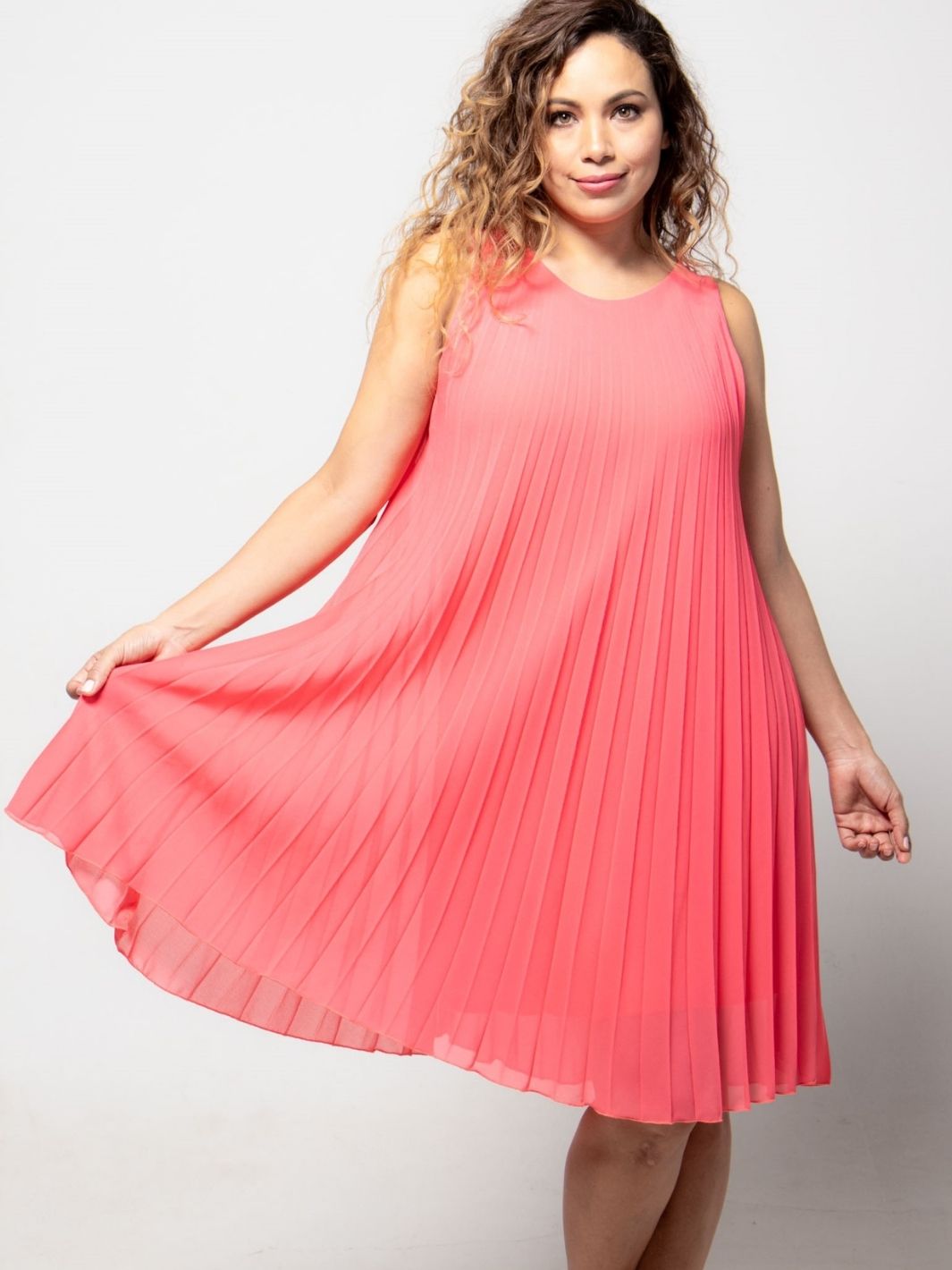 Pleated Mid Length Dress - Coral