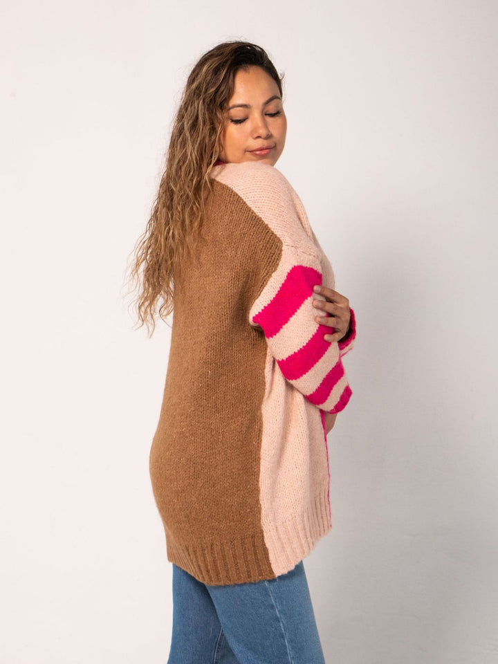 Striped Color-block Cardigan - Pink