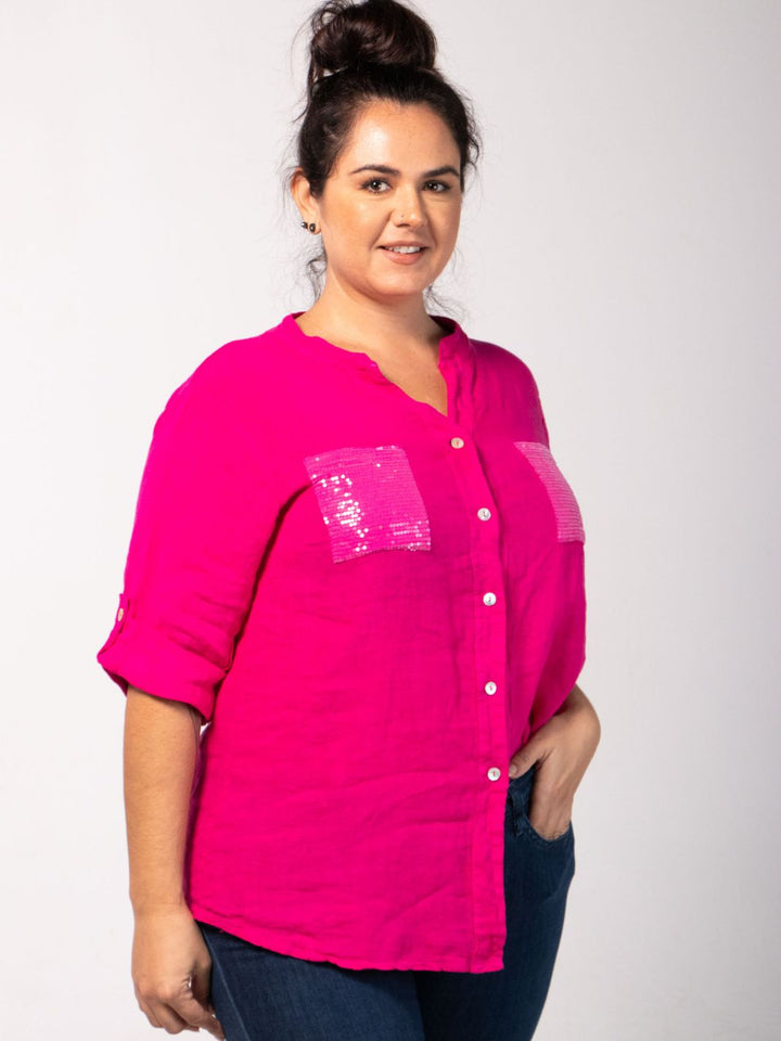 Short Sleeved Blouse with Floral Cut-Out - Magenta