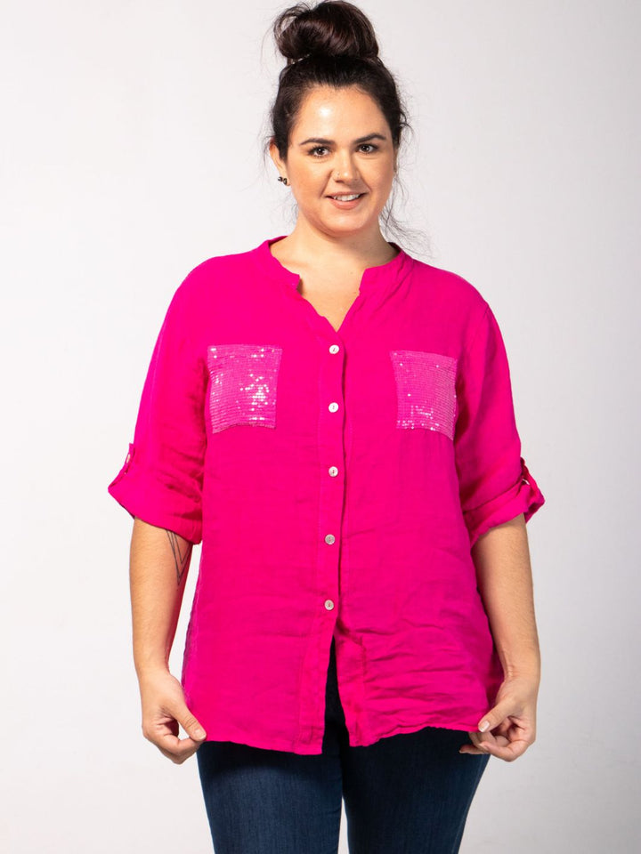 Short Sleeved Blouse with Floral Cut-Out - Magenta