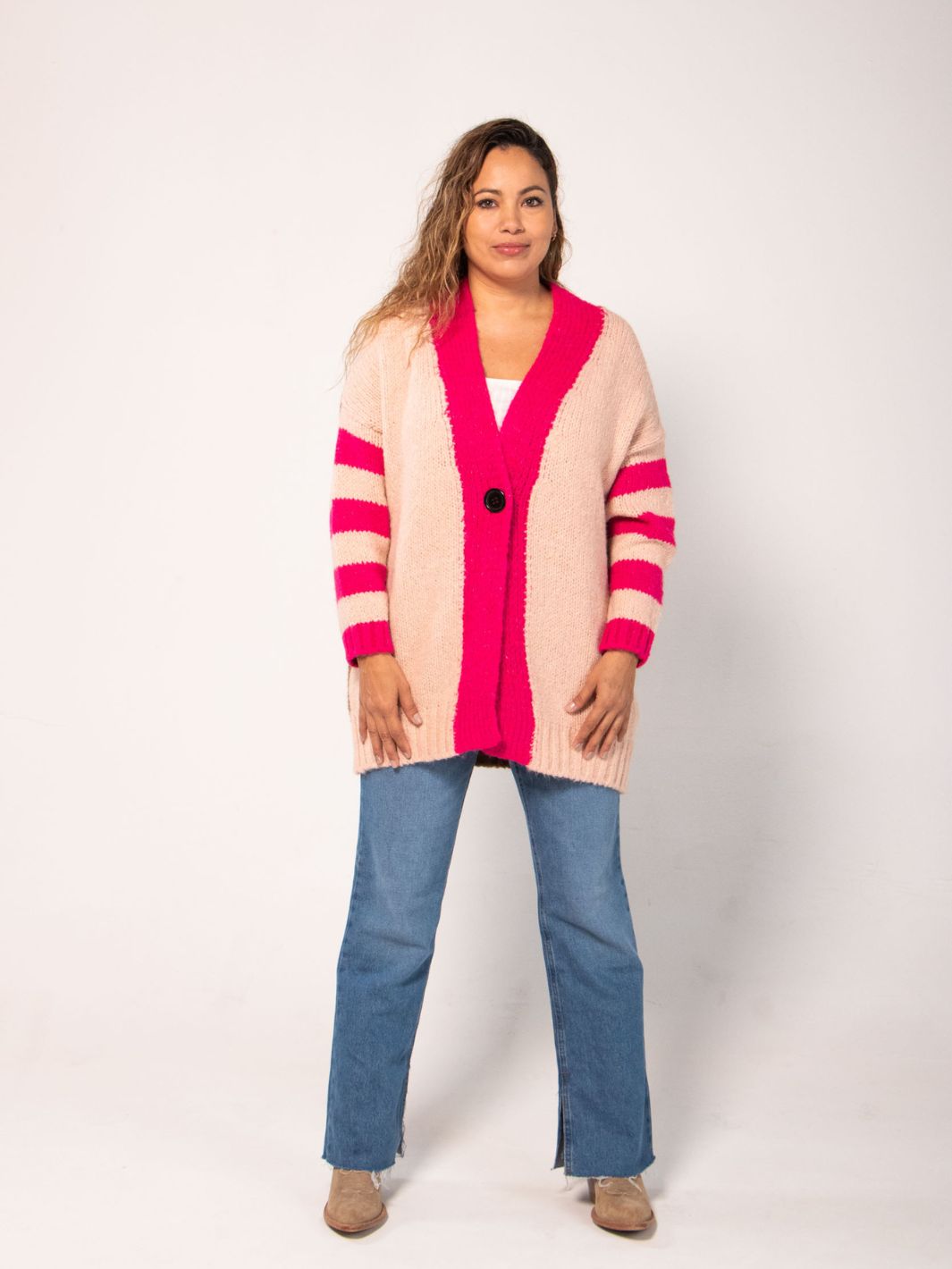 Striped Color-block Cardigan - Pink